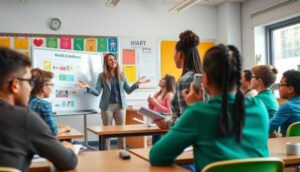 Students in a classroom listening to a health and wellness presentation