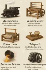 Infographic of 6 greatest inventions of the Industrial Revolution with brief descriptions