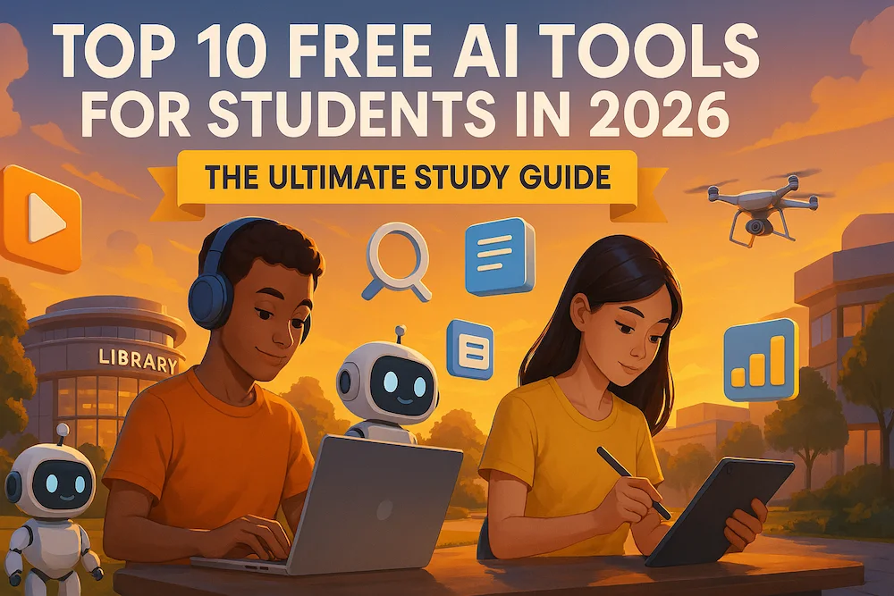 Top 10 Free AI Tools for Students in 2026 Ultimate Study Guide Illustration.