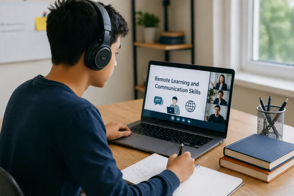 a student attending an online class on remote learning and communication skills