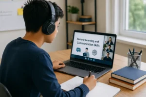 a student attending an online class on remote learning and communication skills