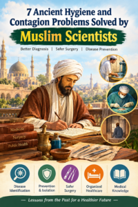 Infographic on 7 ancient hygiene and contagion problems solved by Muslim scientists